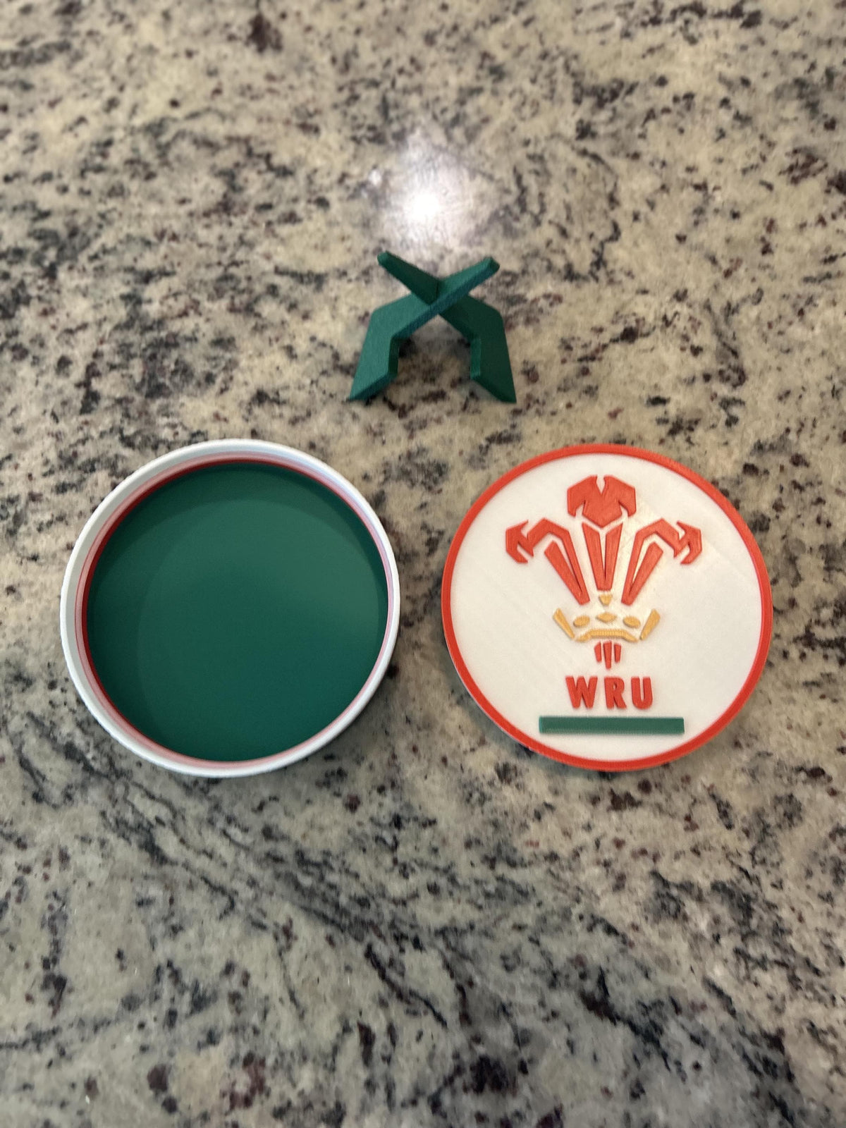 Wales rugby WRU 3D printed feathers crest roundel with Welsh tricolor base and green stand and hidden stash box, personalized Cymru am Byth rugby fan gift, made in USA