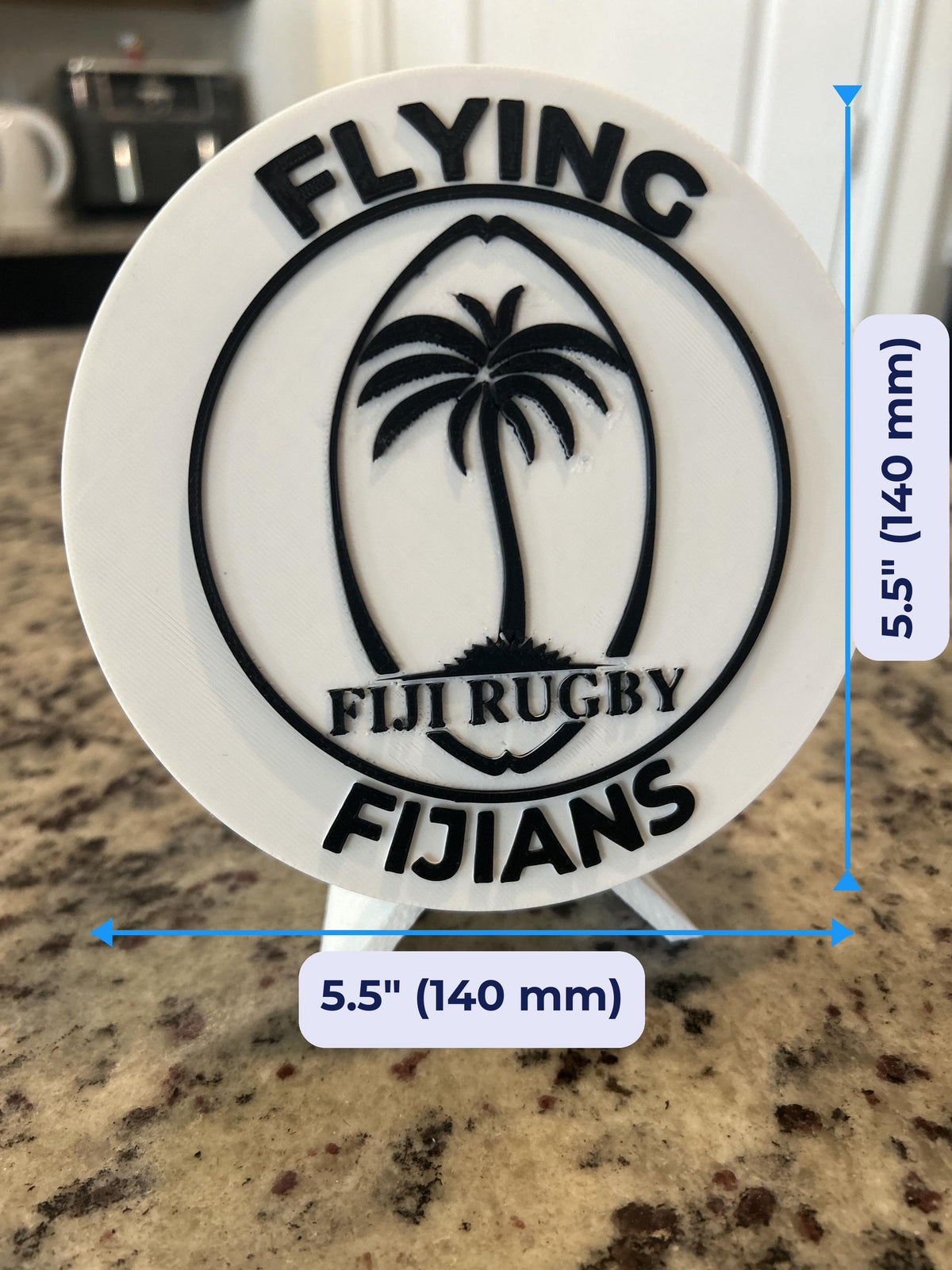 Fiji rugby Flying Fijians 3D printed palm-tree crest roundel with black base and stand and hidden stash box, personalized rugby fan gift, made in USA
