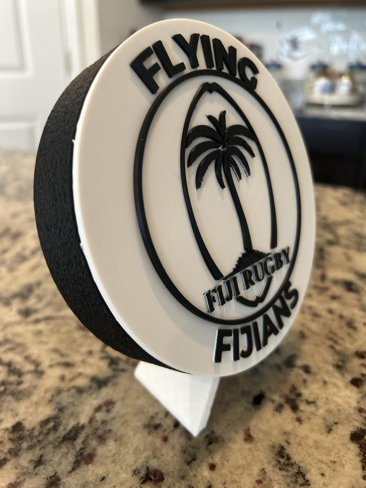 Fiji rugby Flying Fijians 3D printed palm-tree crest roundel with black base and stand and hidden stash box, personalized rugby fan gift, made in USA