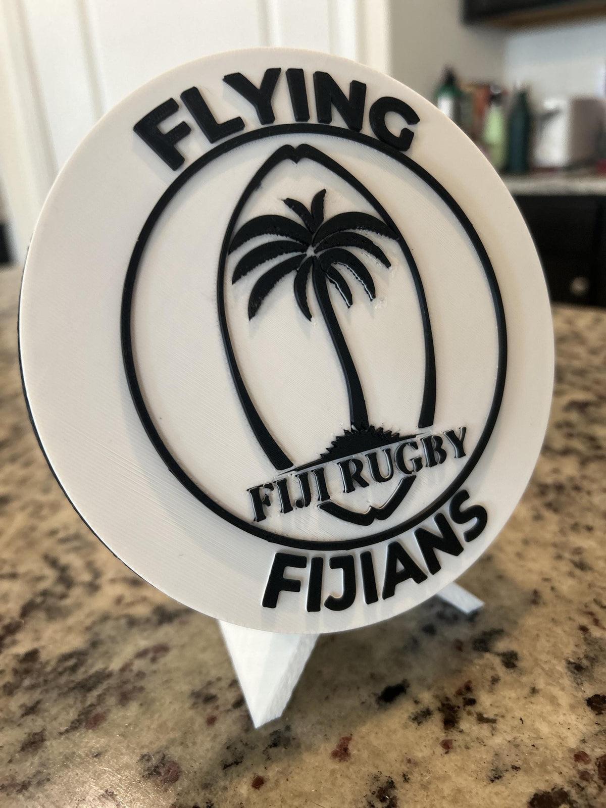 Fiji rugby Flying Fijians 3D printed palm-tree crest roundel with black base and stand and hidden stash box, personalized rugby fan gift, made in USA