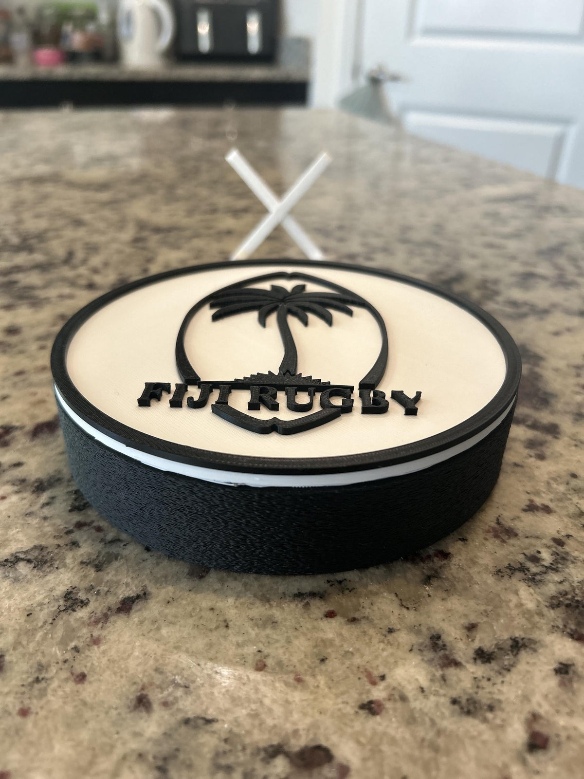 Fiji rugby Flying Fijians 3D printed palm-tree crest roundel with black base and stand and hidden stash box, personalized rugby fan gift, made in USA