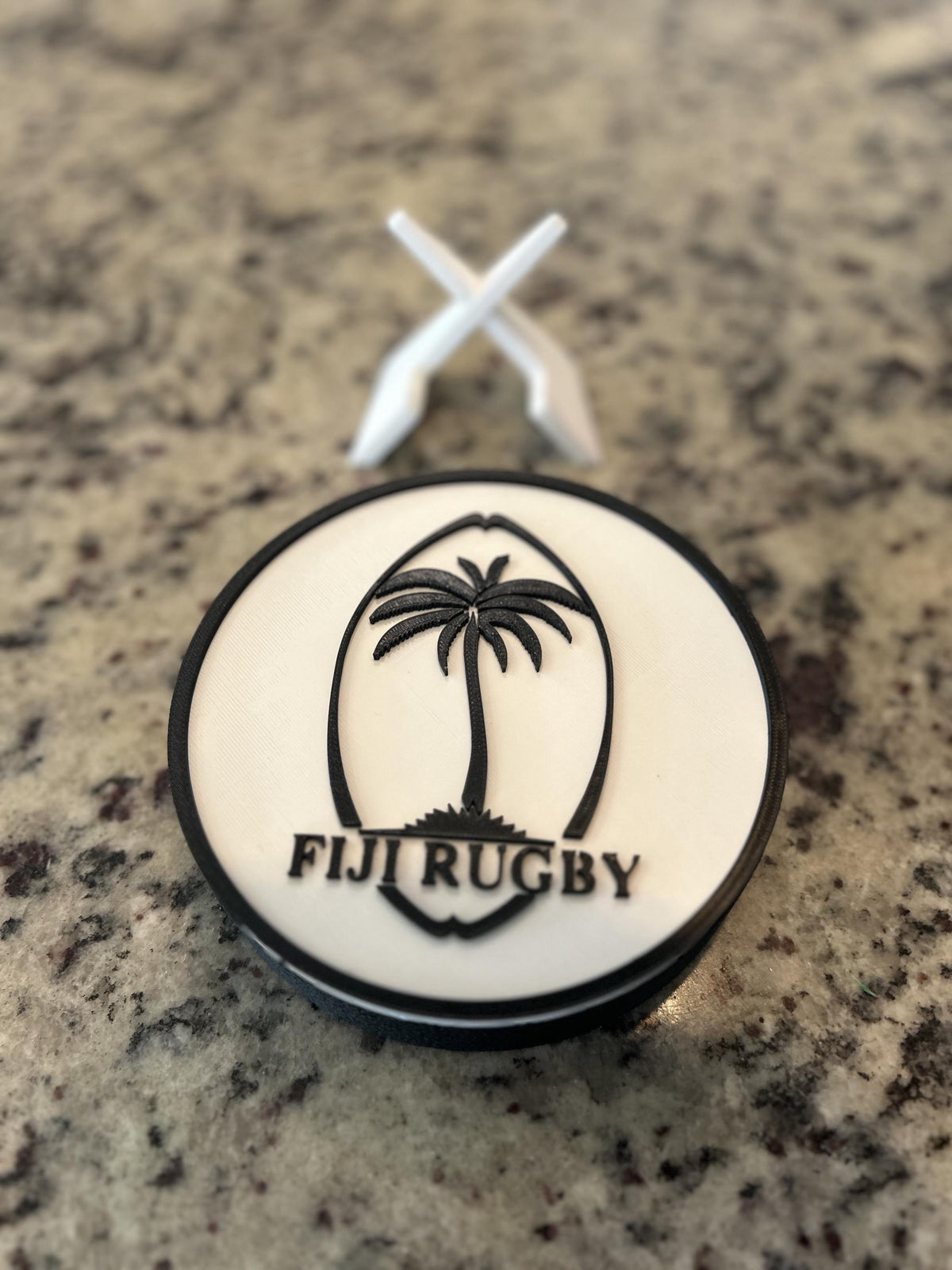 Fiji rugby Flying Fijians 3D printed palm-tree crest roundel with black base and stand and hidden stash box, personalized rugby fan gift, made in USA
