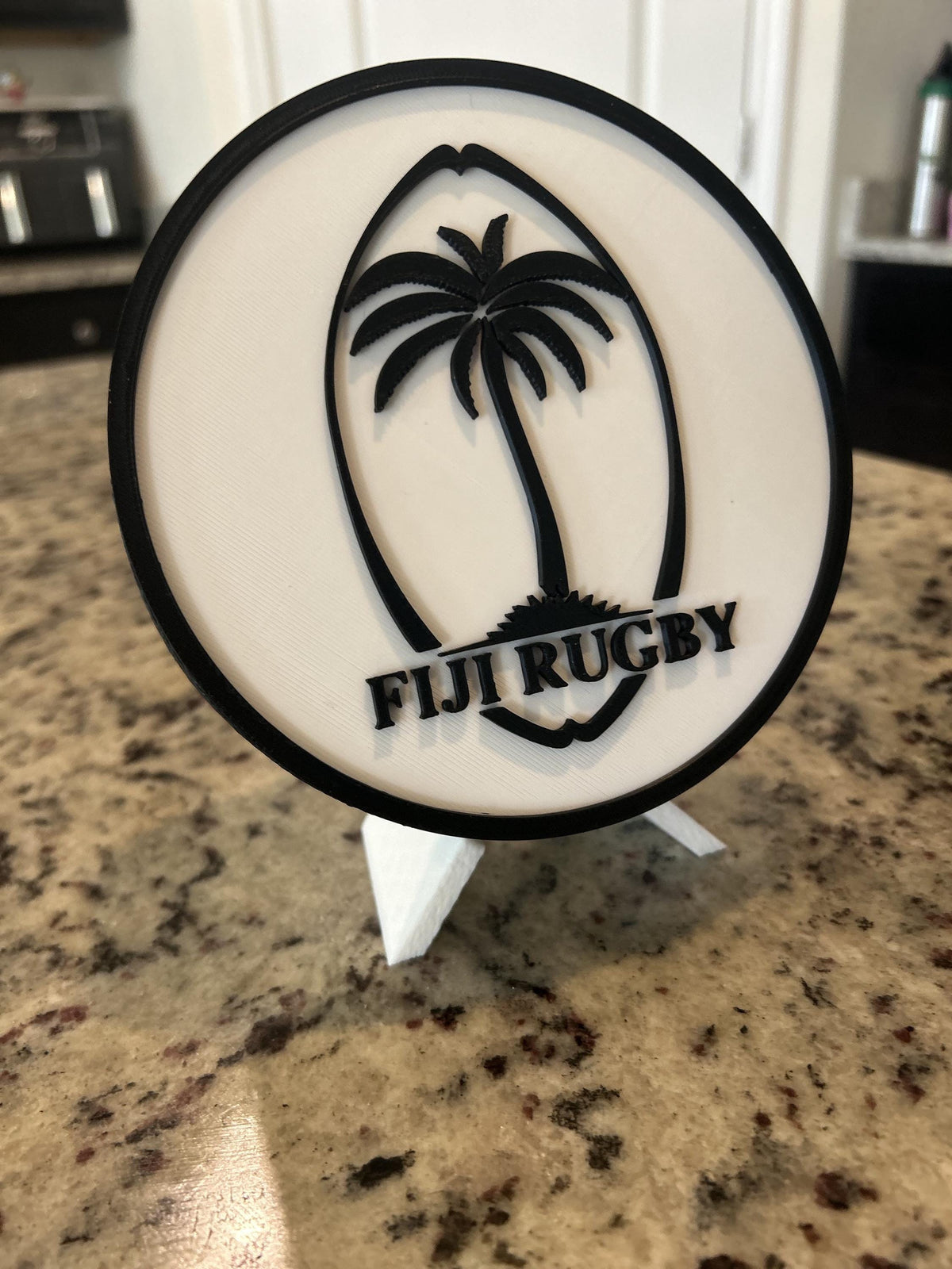 Fiji rugby Flying Fijians 3D printed palm-tree crest roundel with black base and stand and hidden stash box, personalized rugby fan gift, made in USA