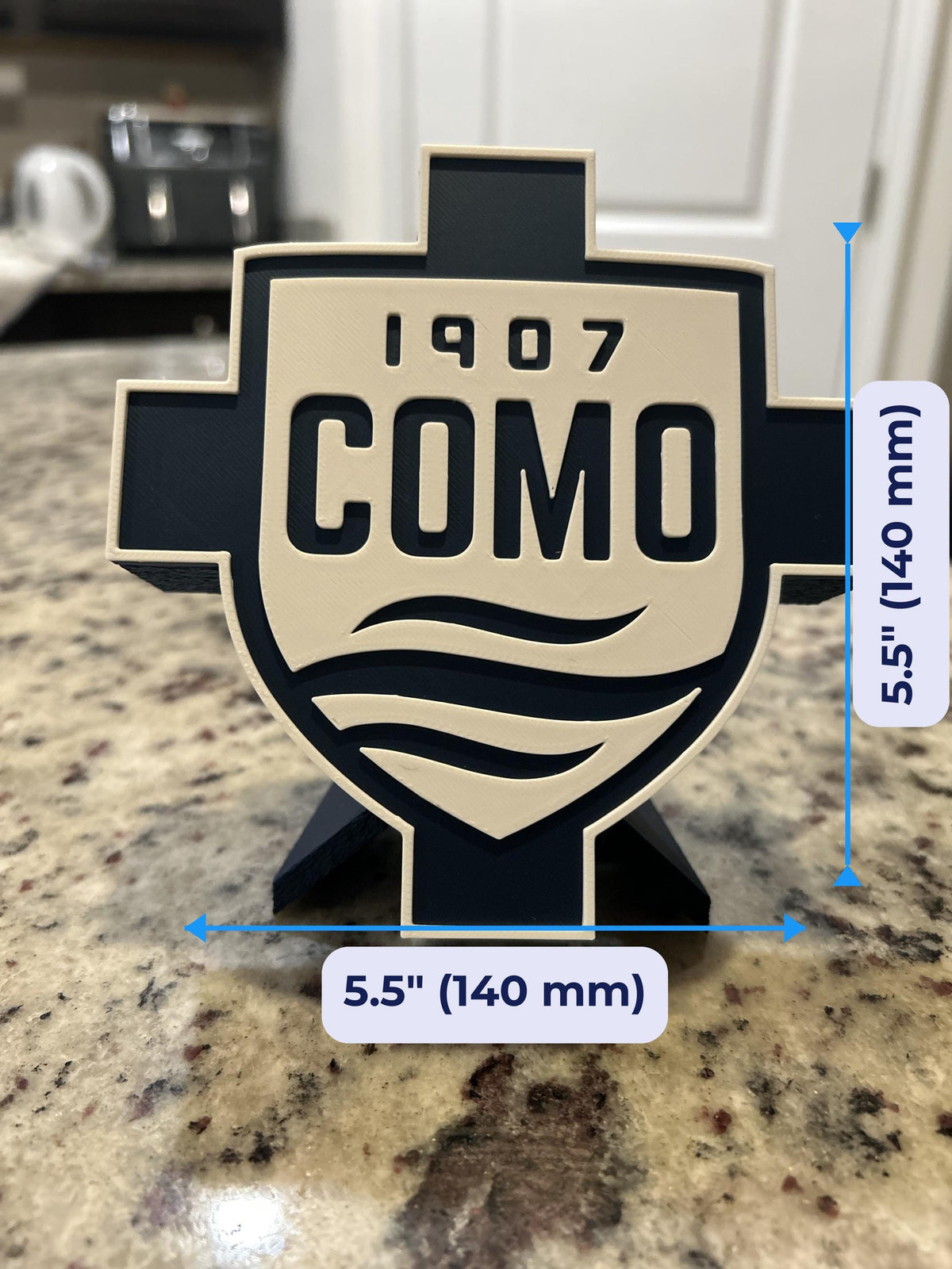 Como 1907 3D printed cross and shield crest display with stand and hidden stash box, Italian Serie A soccer fan gift, made in USA
