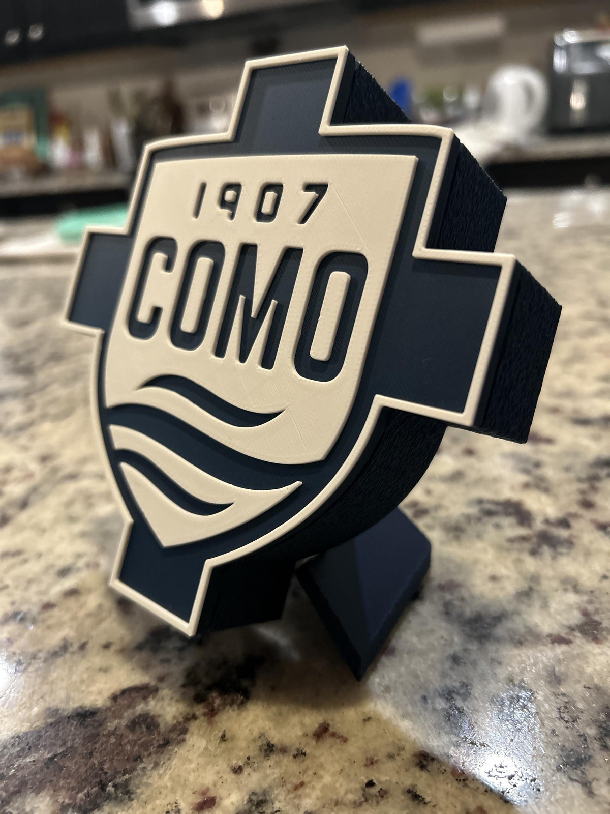 Como 1907 3D printed cross and shield crest display with stand and hidden stash box, Italian Serie A soccer fan gift, made in USA