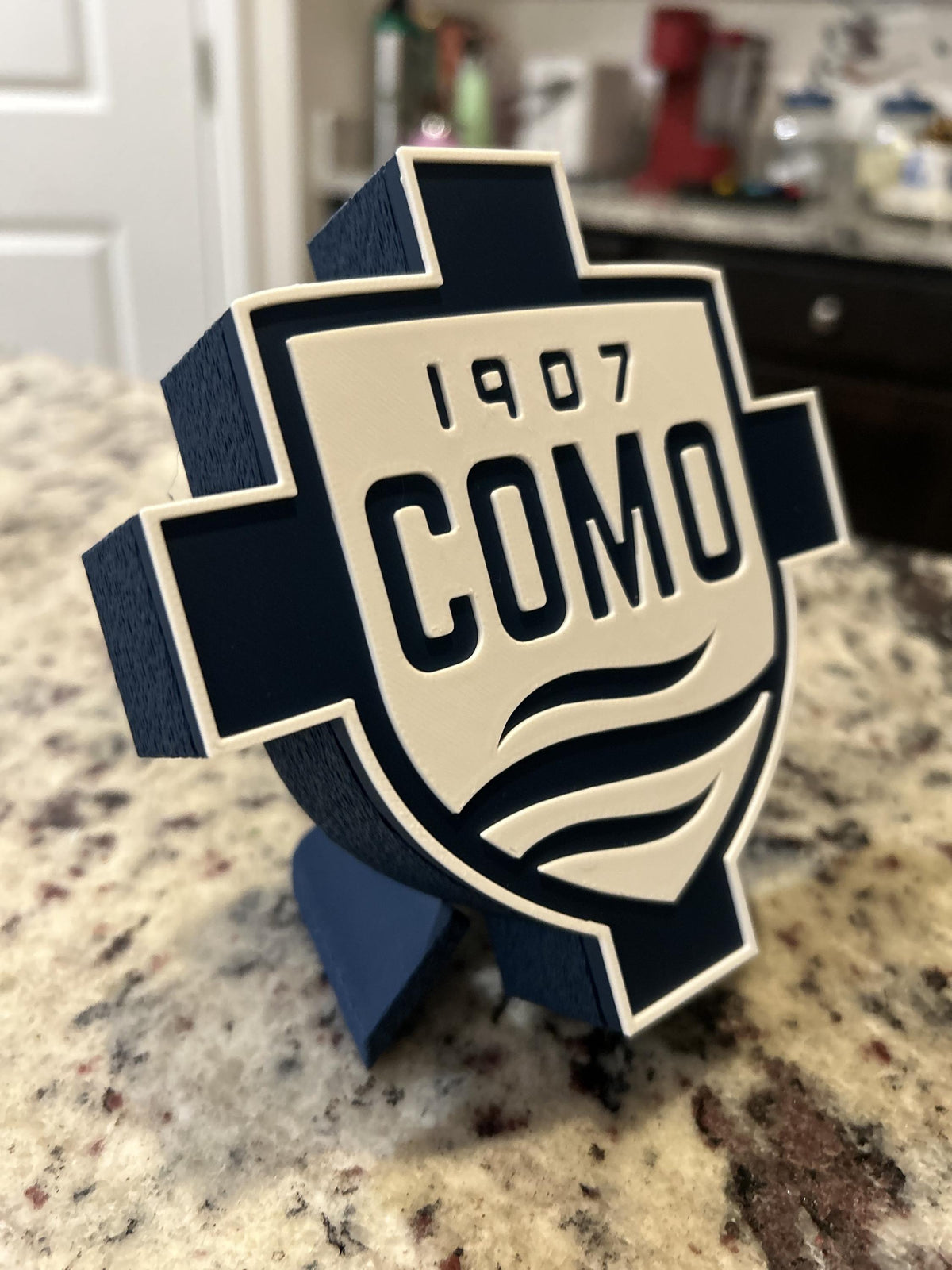 Como 1907 3D printed cross and shield crest display with stand and hidden stash box, Italian Serie A soccer fan gift, made in USA