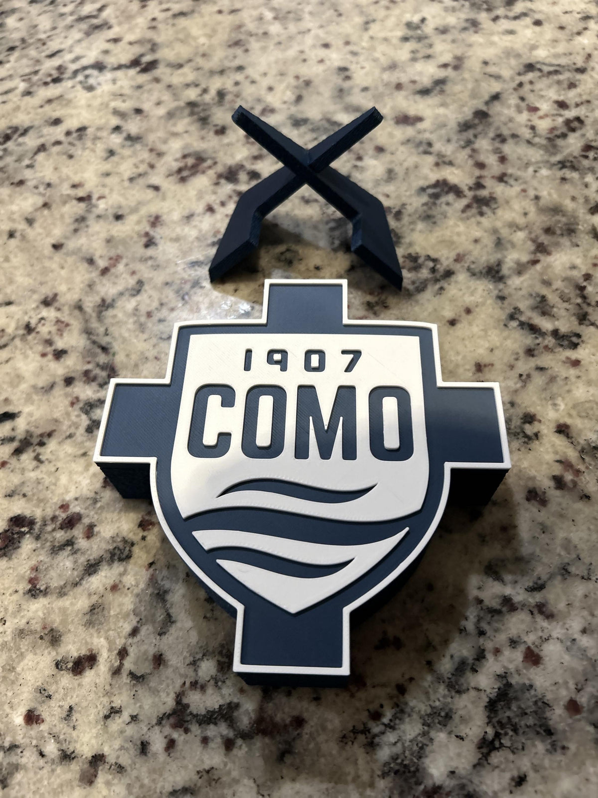 Como 1907 3D printed cross and shield crest display with stand and hidden stash box, Italian Serie A soccer fan gift, made in USA