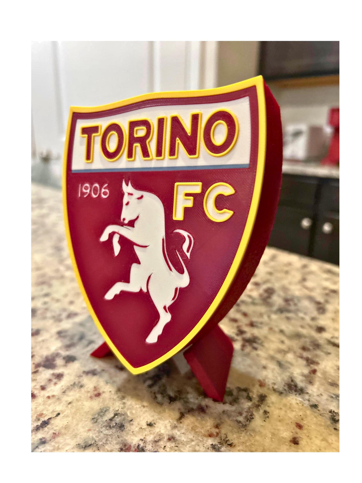 Torino FC 3D printed granata shield crest with rampant bull display with stand and hidden stash box, Italian Serie A soccer fan gift, made in USA