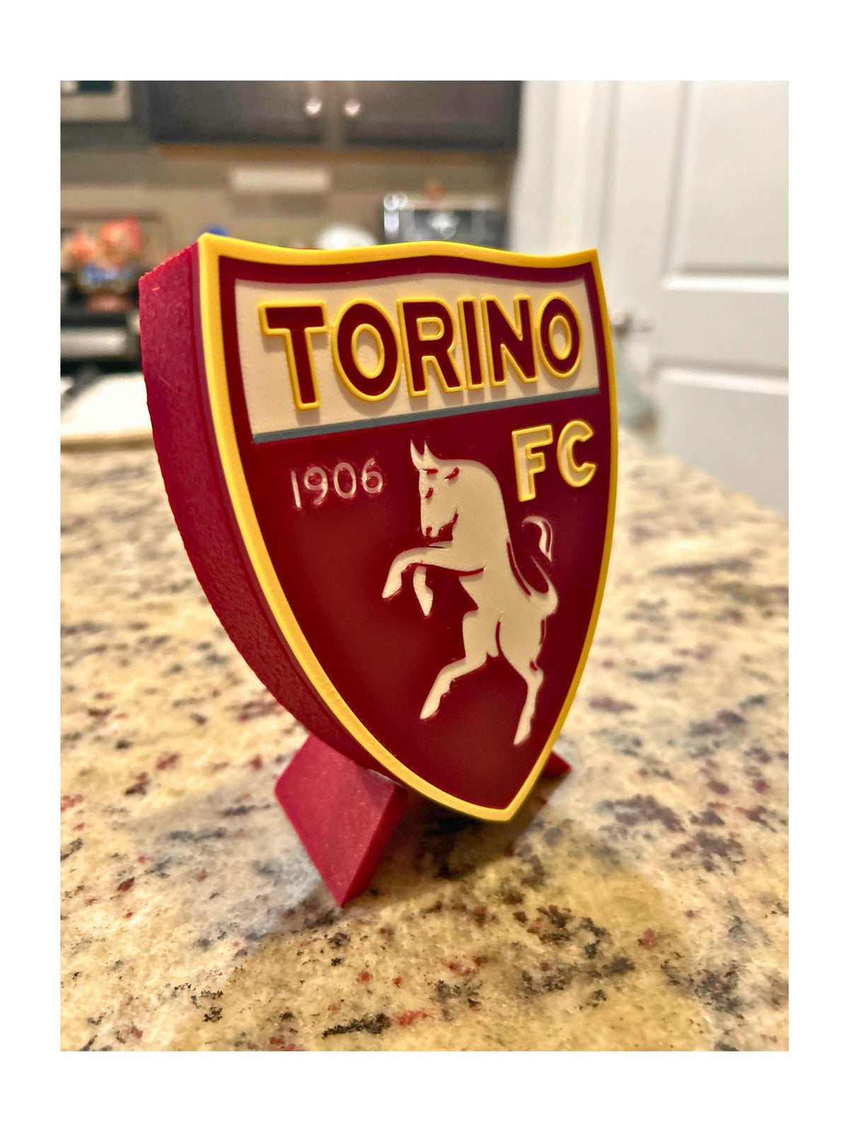 Torino FC 3D printed granata shield crest with rampant bull display with stand and hidden stash box, Italian Serie A soccer fan gift, made in USA