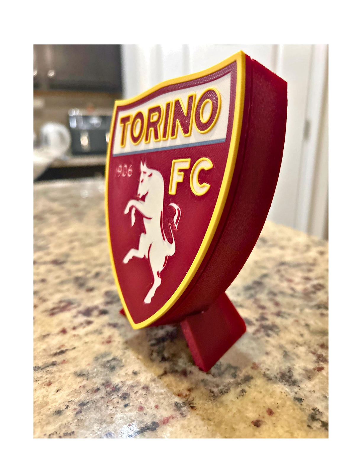 Torino FC 3D printed granata shield crest with rampant bull display with stand and hidden stash box, Italian Serie A soccer fan gift, made in USA
