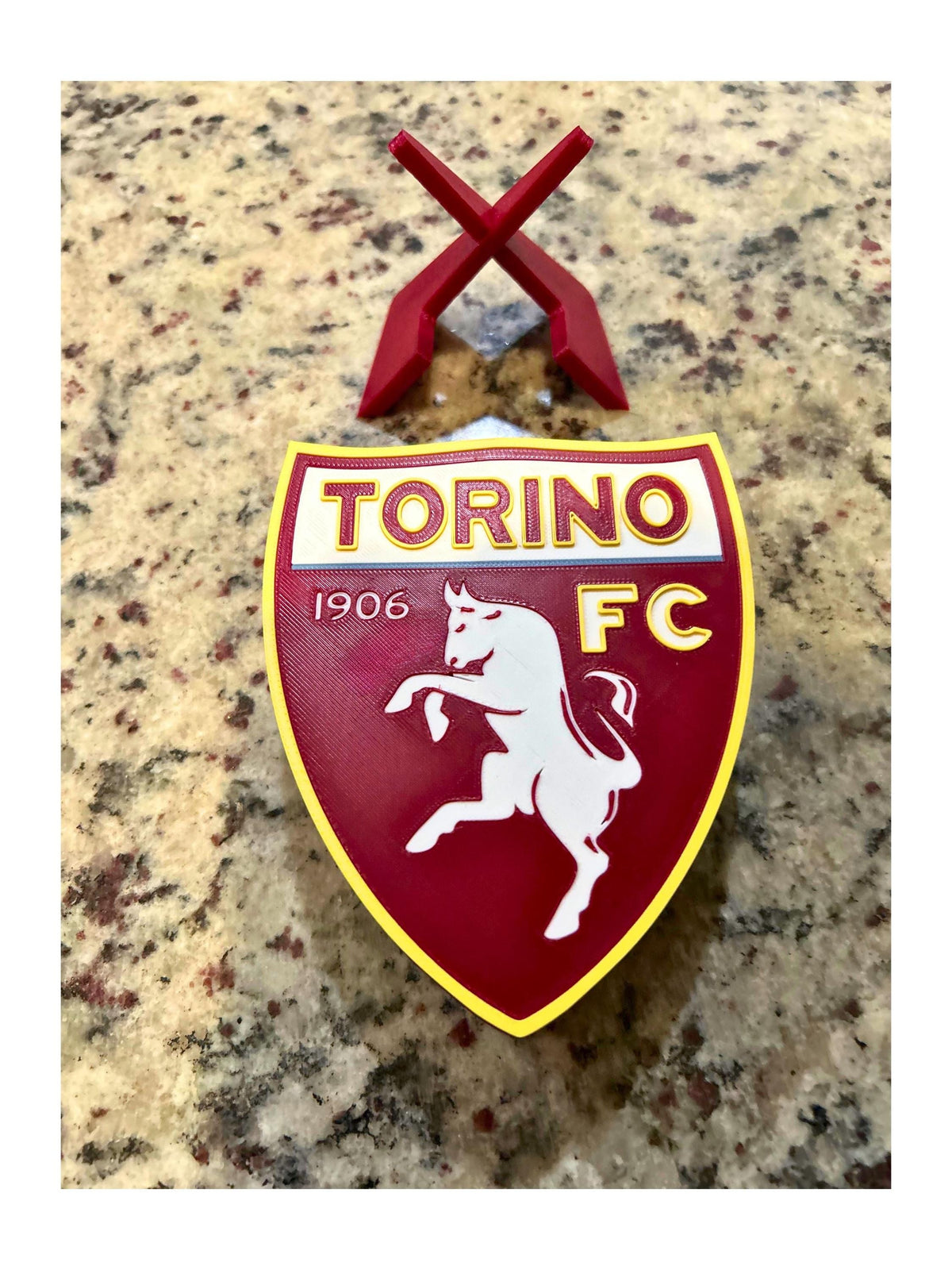 Torino FC 3D printed granata shield crest with rampant bull display with stand and hidden stash box, Italian Serie A soccer fan gift, made in USA