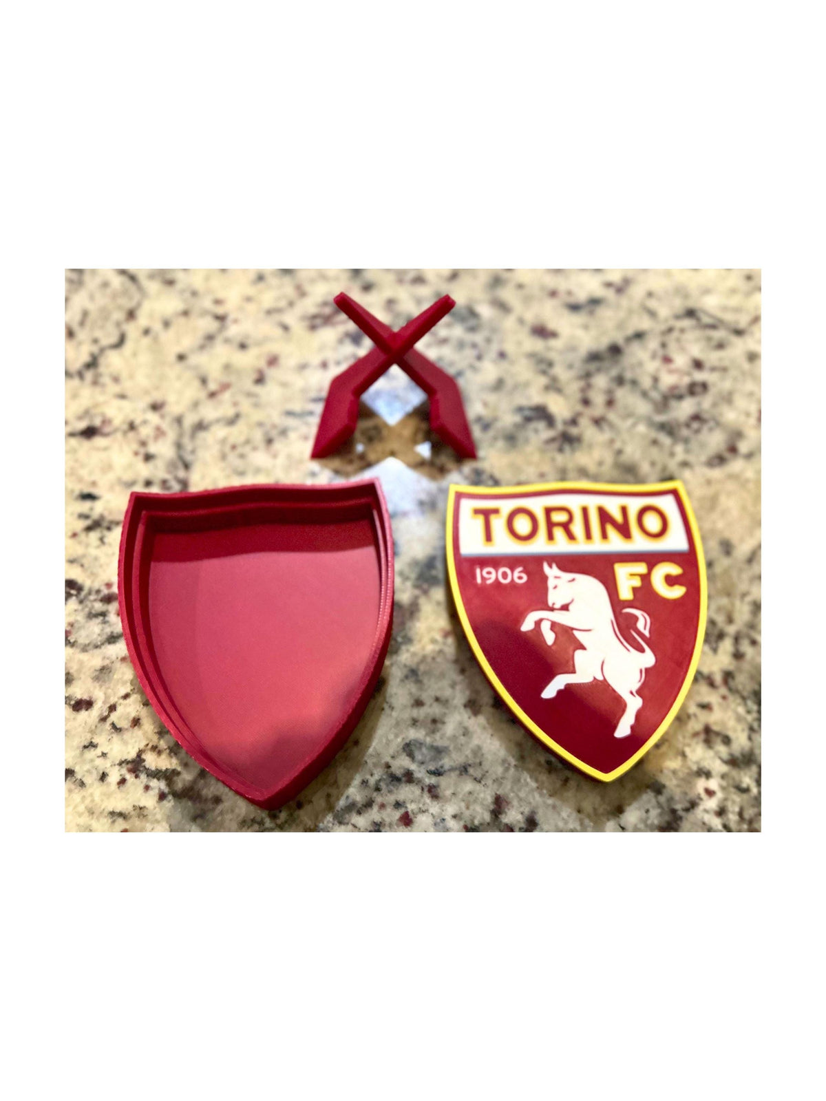 Torino FC 3D printed granata shield crest with rampant bull display with stand and hidden stash box, Italian Serie A soccer fan gift, made in USA