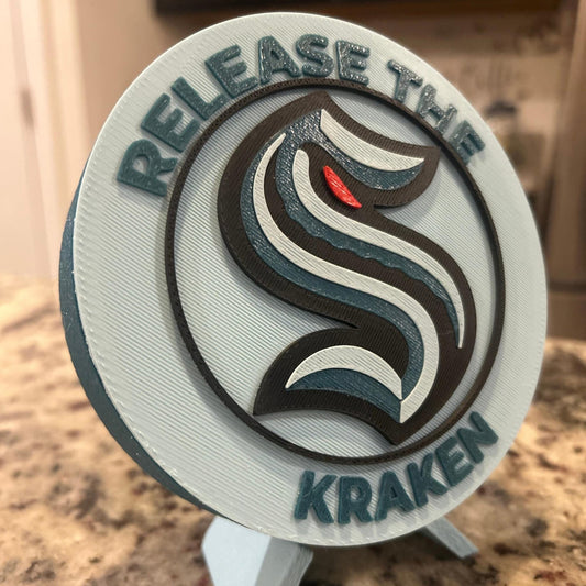 Seattle Kraken Release the Kraken 3D printed roundel display with stand and hidden stash box, NHL hockey fan gift, made in USA