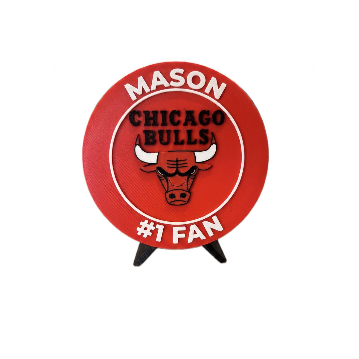 Personalized Chicago roundel example with the name MASON on top and #1 FAN on the bottom, 3D printed to order