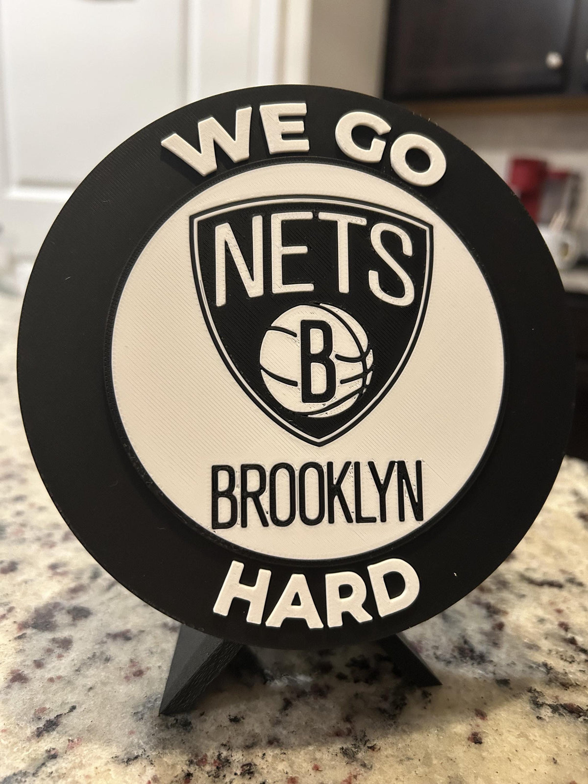 Brooklyn Nets 3D printed black and white roundel display with leg stand and hidden stash box, personalized NBA basketball fan gift, made in USA