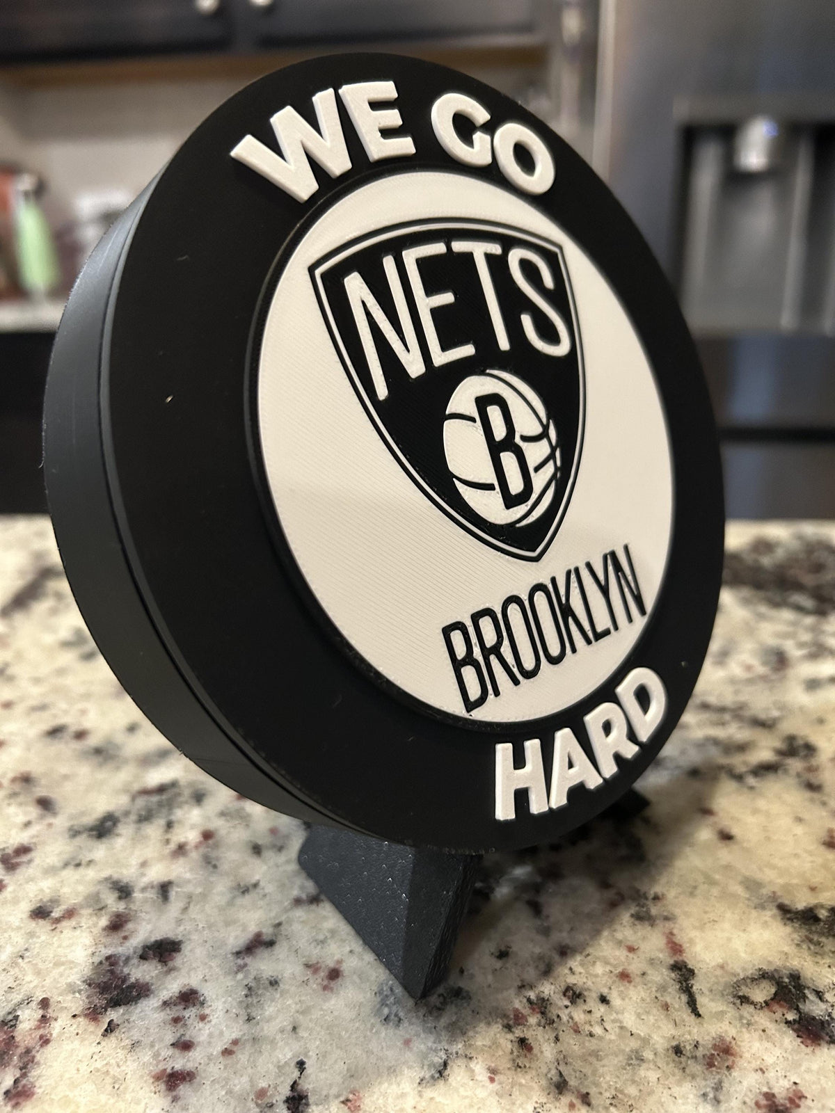 Brooklyn Nets 3D printed black and white roundel display with leg stand and hidden stash box, personalized NBA basketball fan gift, made in USA