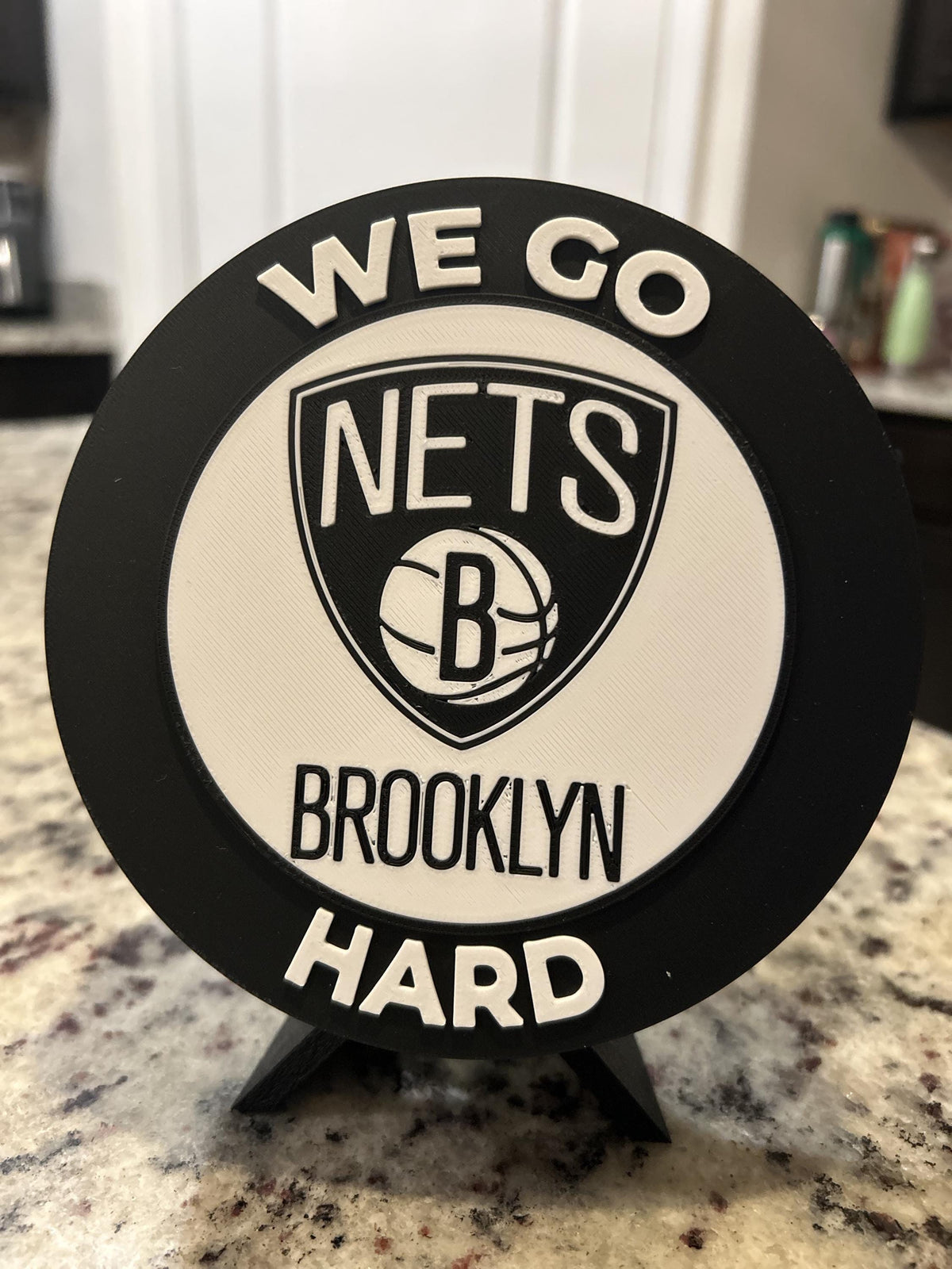 Brooklyn Nets 3D printed black and white roundel display with leg stand and hidden stash box, personalized NBA basketball fan gift, made in USA
