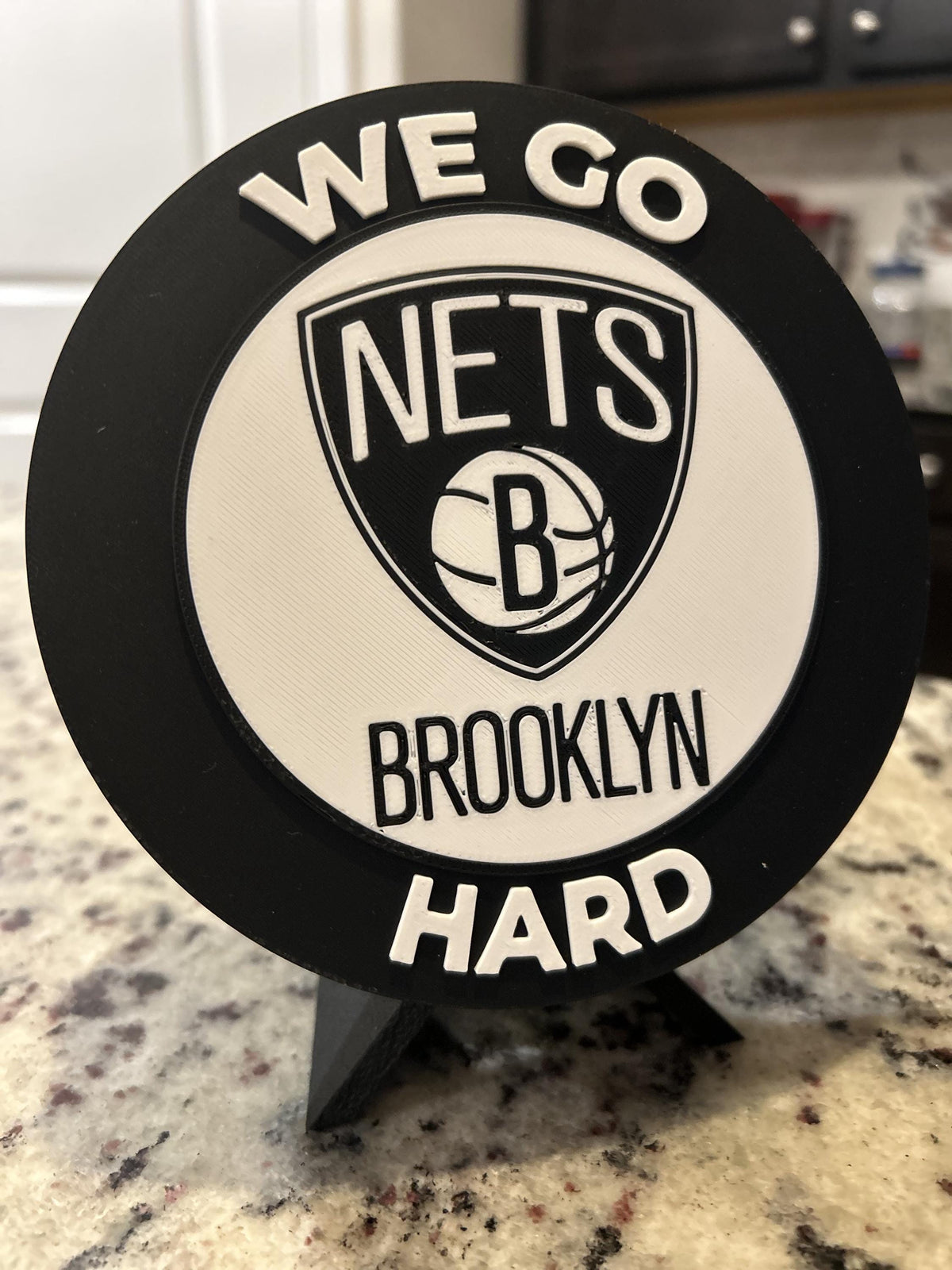 Brooklyn Nets 3D printed black and white roundel display with leg stand and hidden stash box, personalized NBA basketball fan gift, made in USA