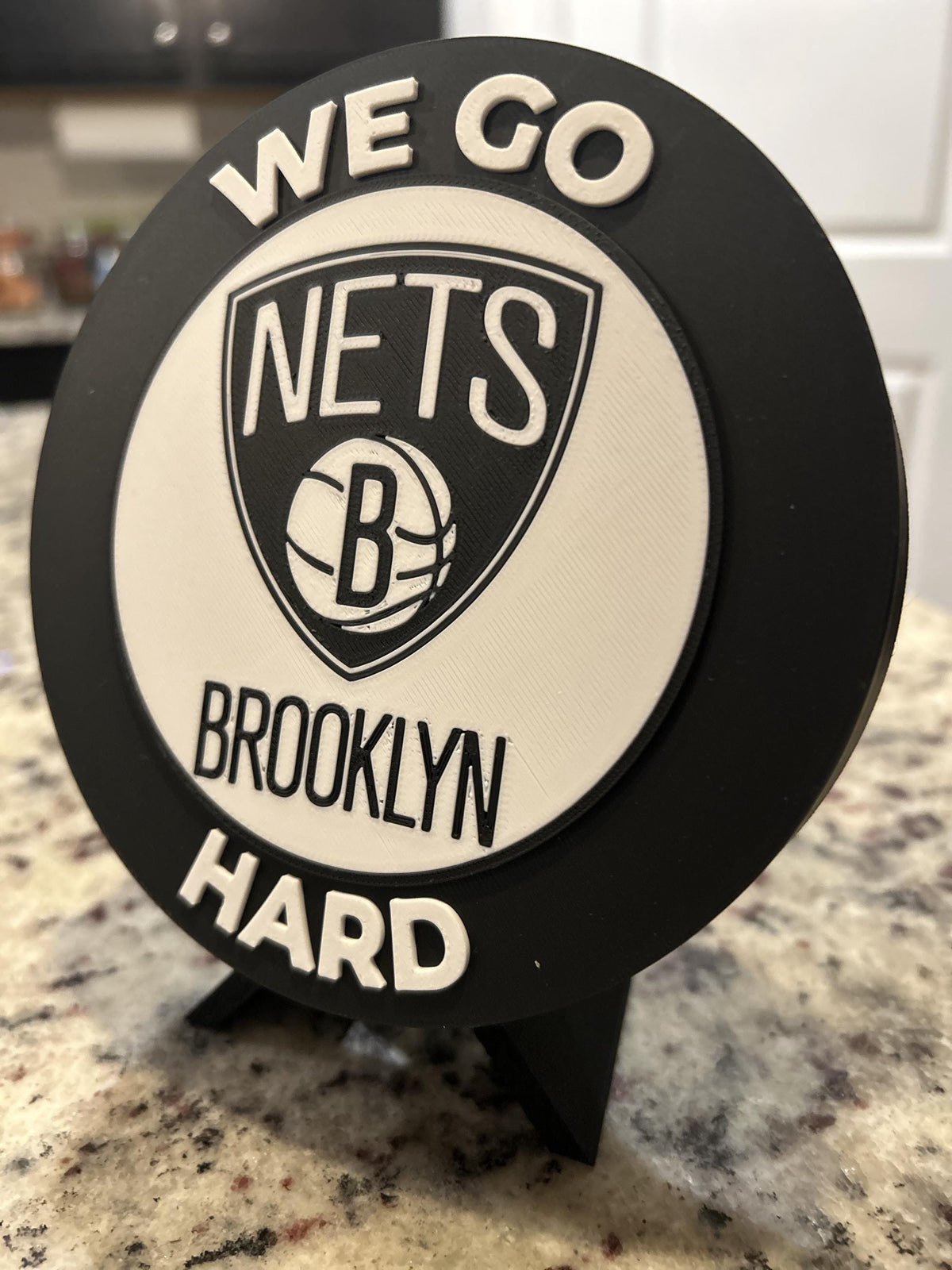 Brooklyn Nets 3D printed black and white roundel display with leg stand and hidden stash box, personalized NBA basketball fan gift, made in USA