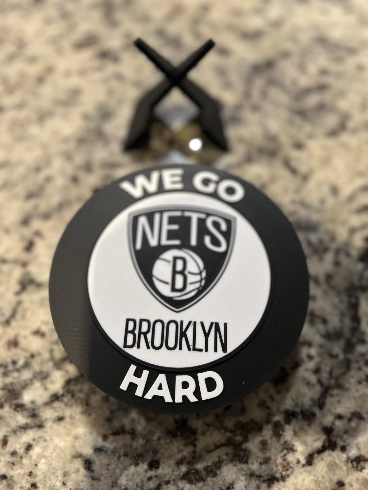Brooklyn Nets 3D printed black and white roundel display with leg stand and hidden stash box, personalized NBA basketball fan gift, made in USA