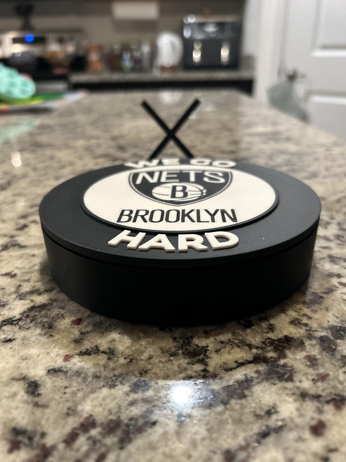 Brooklyn Nets 3D printed black and white roundel display with leg stand and hidden stash box, personalized NBA basketball fan gift, made in USA