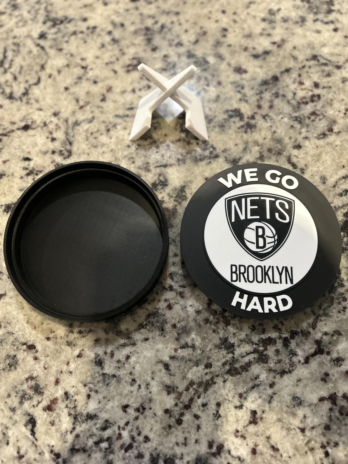 Brooklyn Nets 3D printed black and white roundel display with leg stand and hidden stash box, personalized NBA basketball fan gift, made in USA