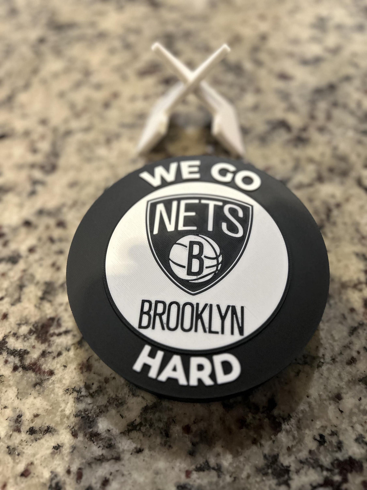 Brooklyn Nets 3D printed black and white roundel display with leg stand and hidden stash box, personalized NBA basketball fan gift, made in USA