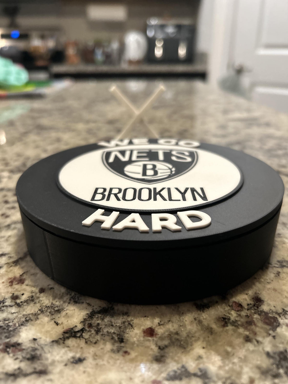 Brooklyn Nets 3D printed black and white roundel display with leg stand and hidden stash box, personalized NBA basketball fan gift, made in USA