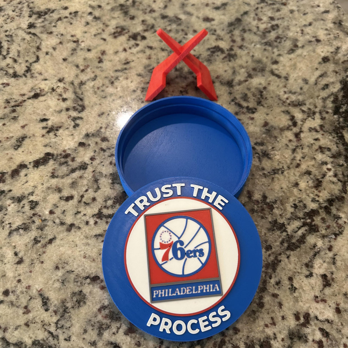 3D Printed Philadelphia 76ers Personalized Roundel Display & Stash Box with stand; 3D printed fan gift, made in USA