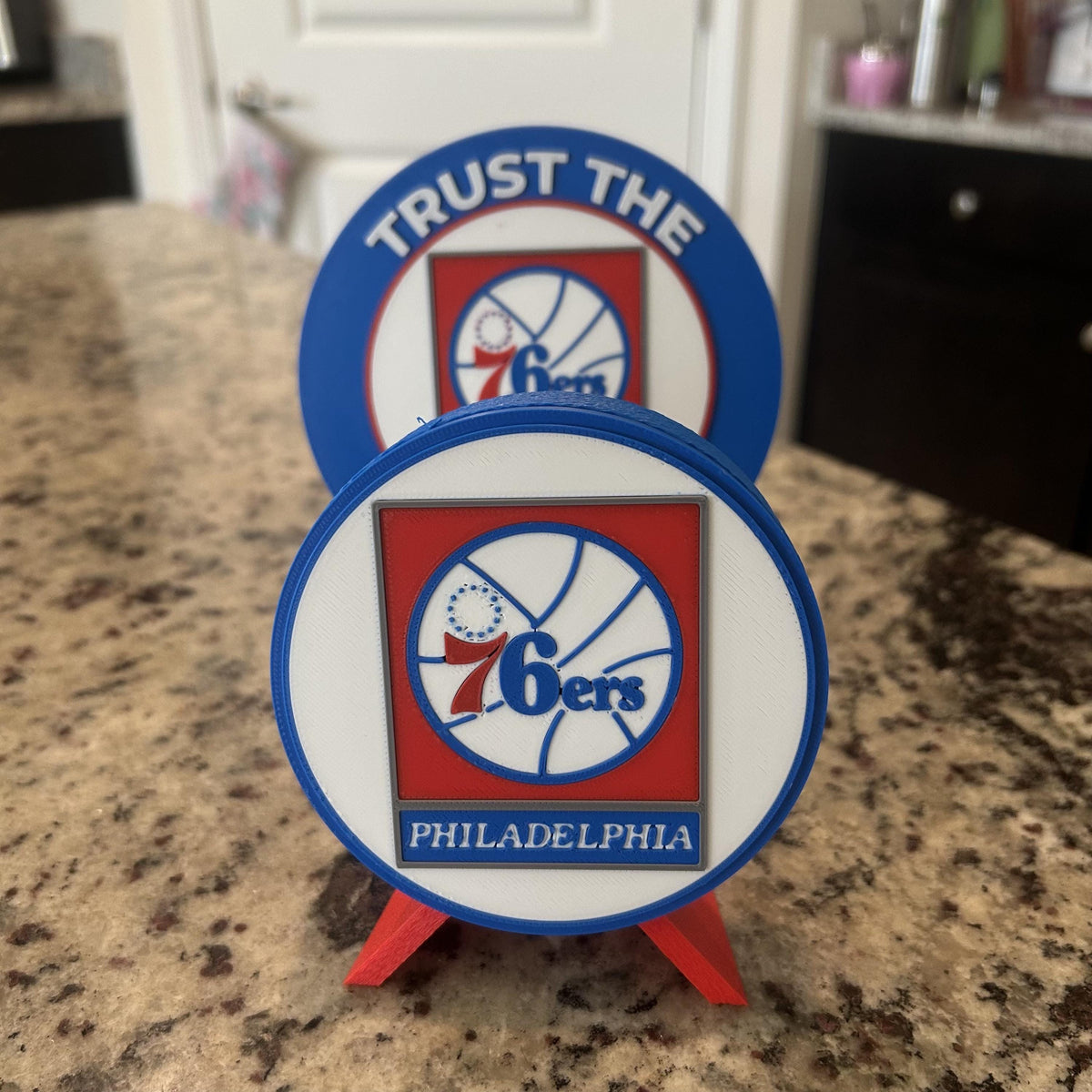 3D Printed Philadelphia 76ers Personalized Roundel Display & Stash Box with stand; 3D printed fan gift, made in USA