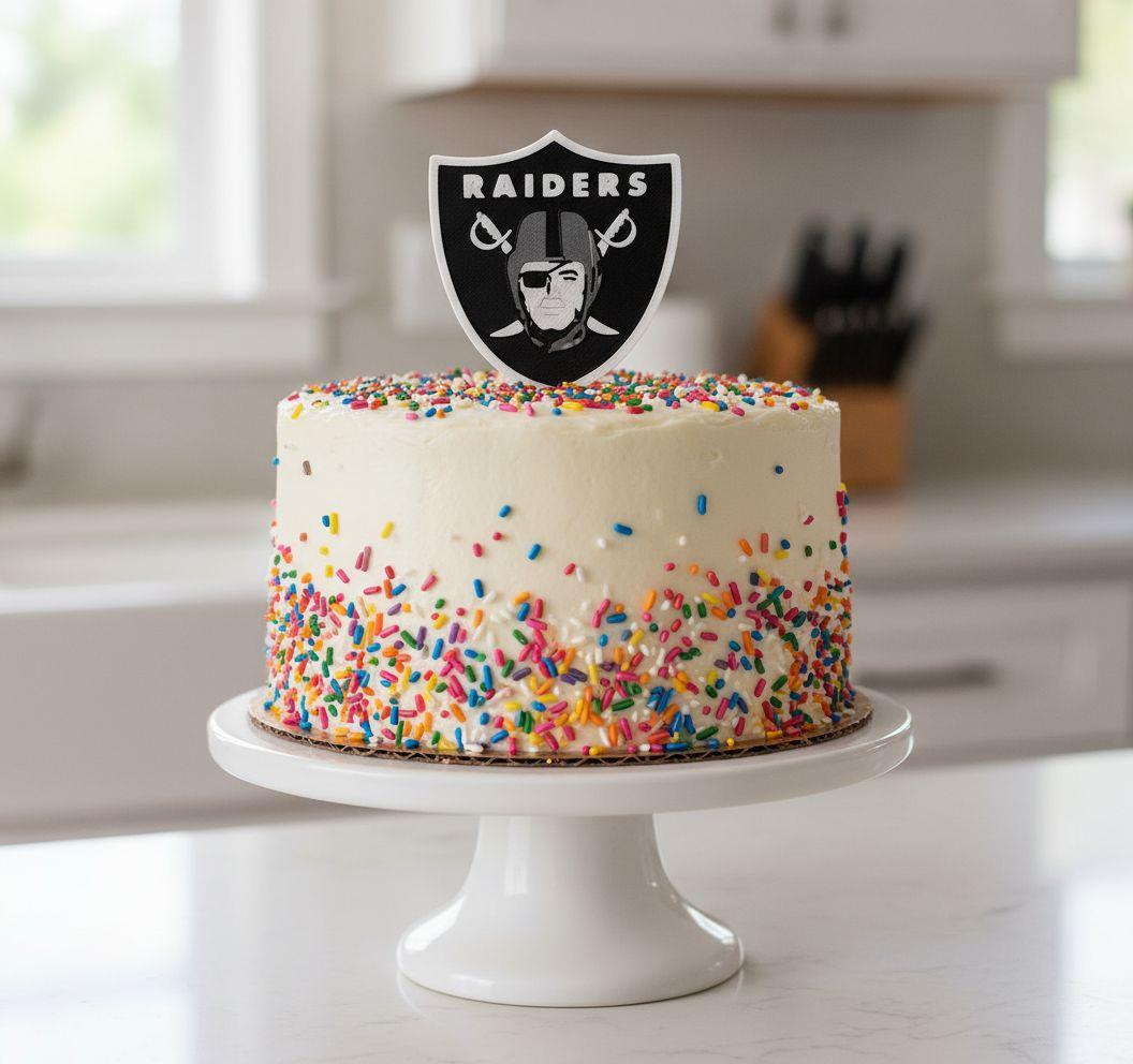 Las Vegas Raiders 3D printed cake topper and cupcake toppers, food-grade PETG shield, NFL football birthday party decor, made in USA