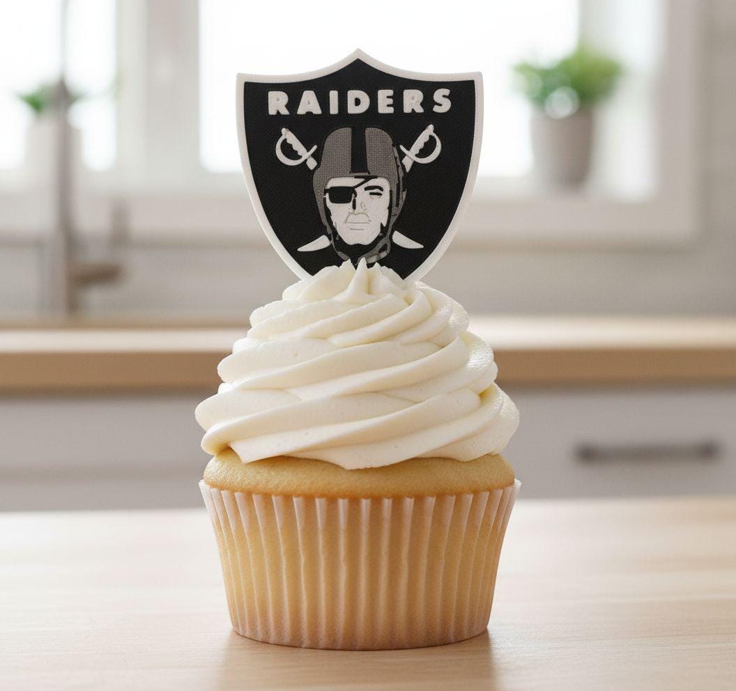 Las Vegas Raiders 3D printed cake topper and cupcake toppers, food-grade PETG shield, NFL football birthday party decor, made in USA