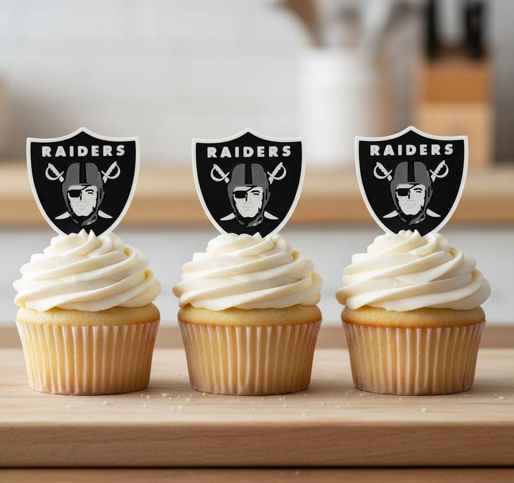 Las Vegas Raiders 3D printed cake topper and cupcake toppers, food-grade PETG shield, NFL football birthday party decor, made in USA