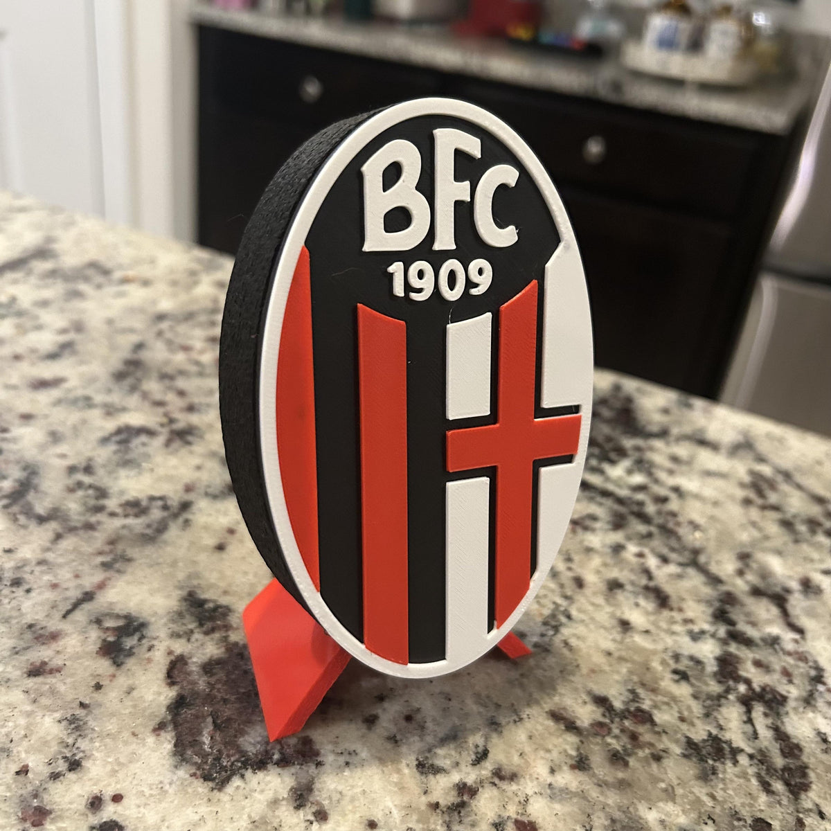 Bologna FC 1909 3D printed rossoblu crest display with stand and hidden stash box, Serie A Italian soccer fan gift, made in USA
