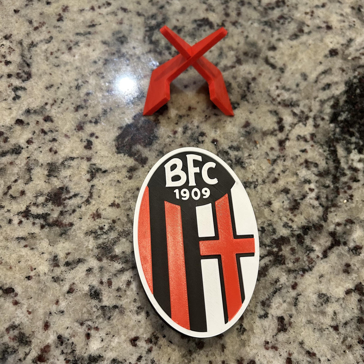 Bologna FC 1909 3D printed rossoblu crest display with stand and hidden stash box, Serie A Italian soccer fan gift, made in USA