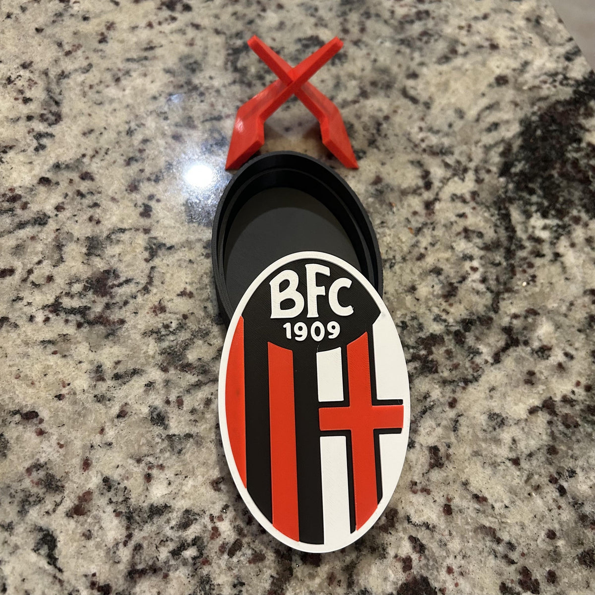 Bologna FC 1909 3D printed rossoblu crest display with stand and hidden stash box, Serie A Italian soccer fan gift, made in USA