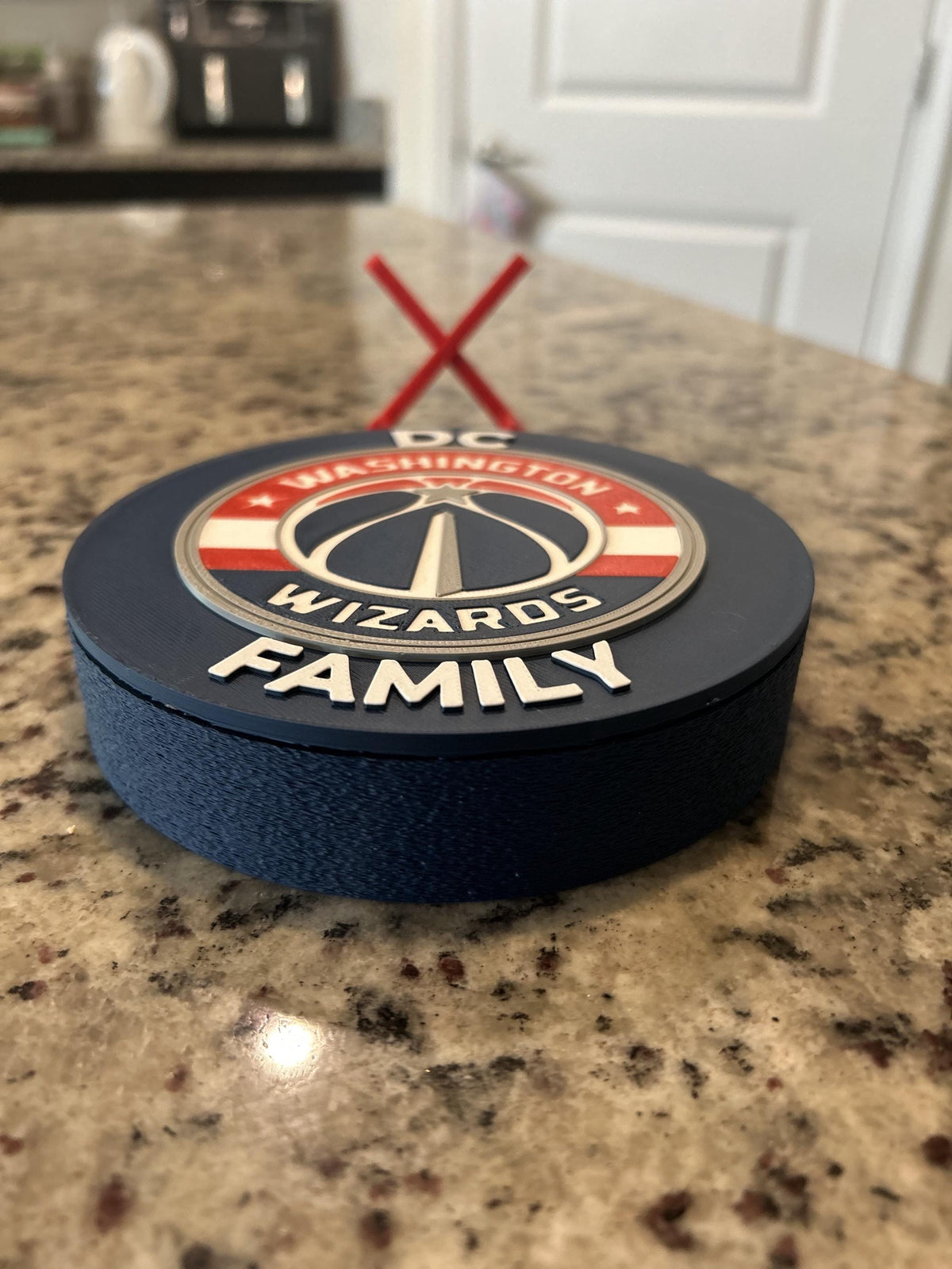 Washington Wizards 3D printed navy and red roundel and crest display with leg stand and hidden stash box, personalized NBA basketball fan gift, made in USA