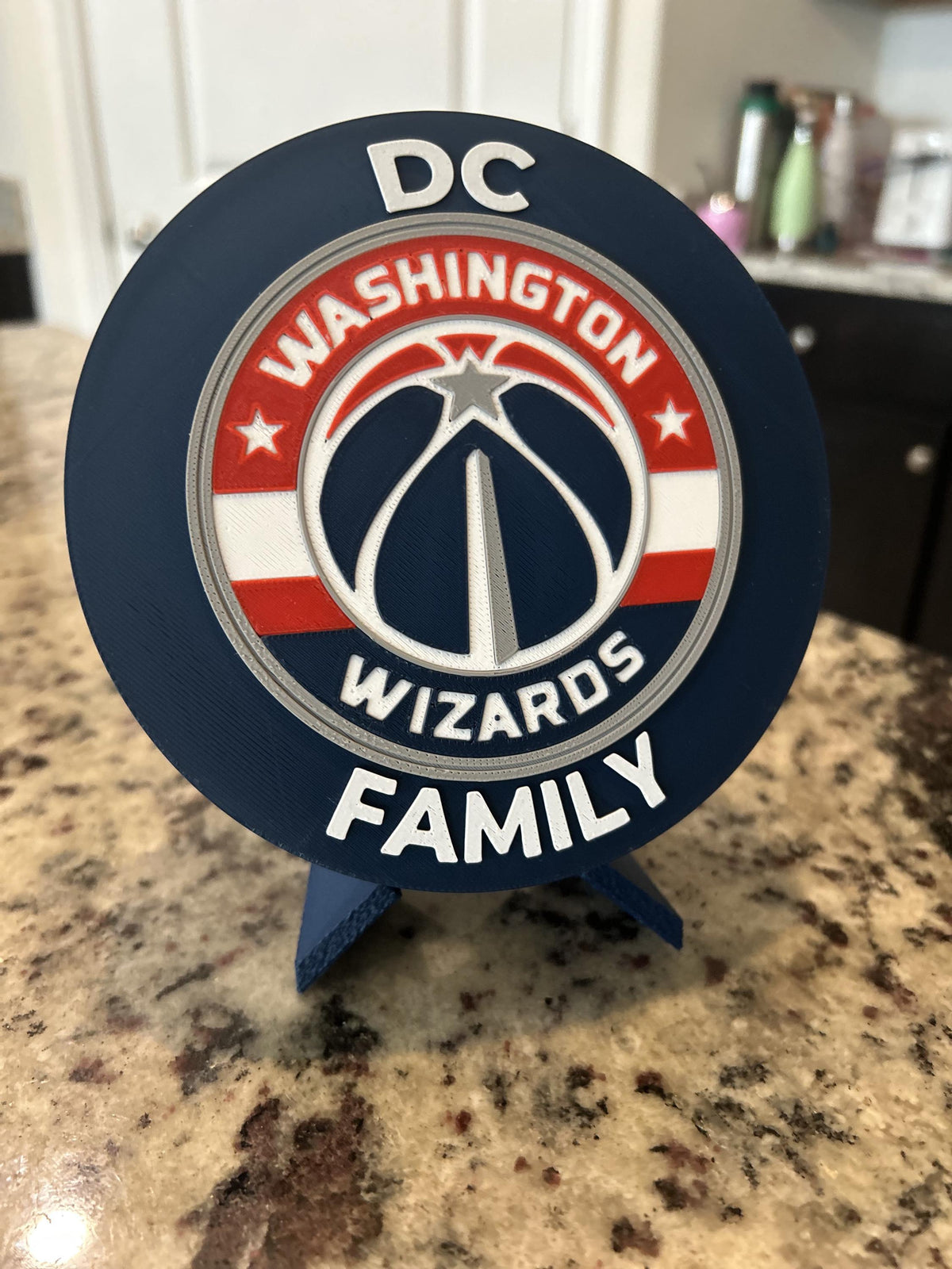 Washington Wizards 3D printed navy and red roundel and crest display with leg stand and hidden stash box, personalized NBA basketball fan gift, made in USA