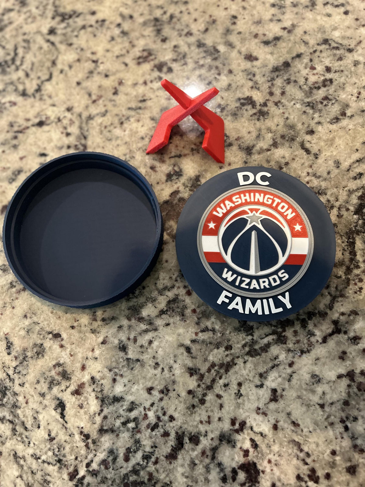 Washington Wizards 3D printed navy and red roundel and crest display with leg stand and hidden stash box, personalized NBA basketball fan gift, made in USA