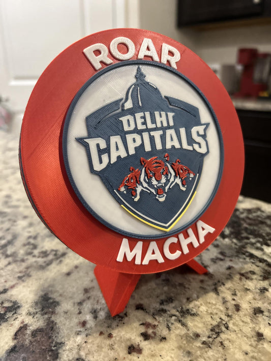 Delhi Capitals 3D printed red roundel display with stand and hidden stash box, personalized Roar Macha IPL cricket fan gift, made in USA