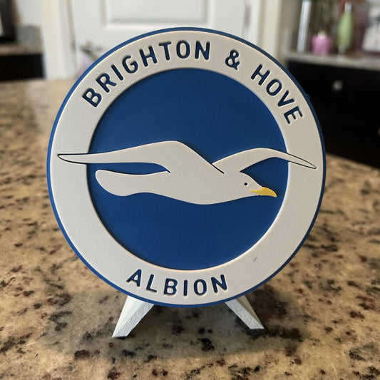 3D Printed Brighton & Hove Albion Crest Display with stand; 3D printed fan gift, made in USA
