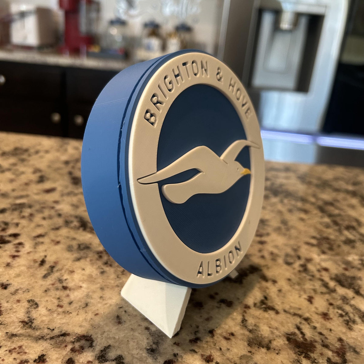3D Printed Brighton & Hove Albion Crest Display with stand; 3D printed fan gift, made in USA