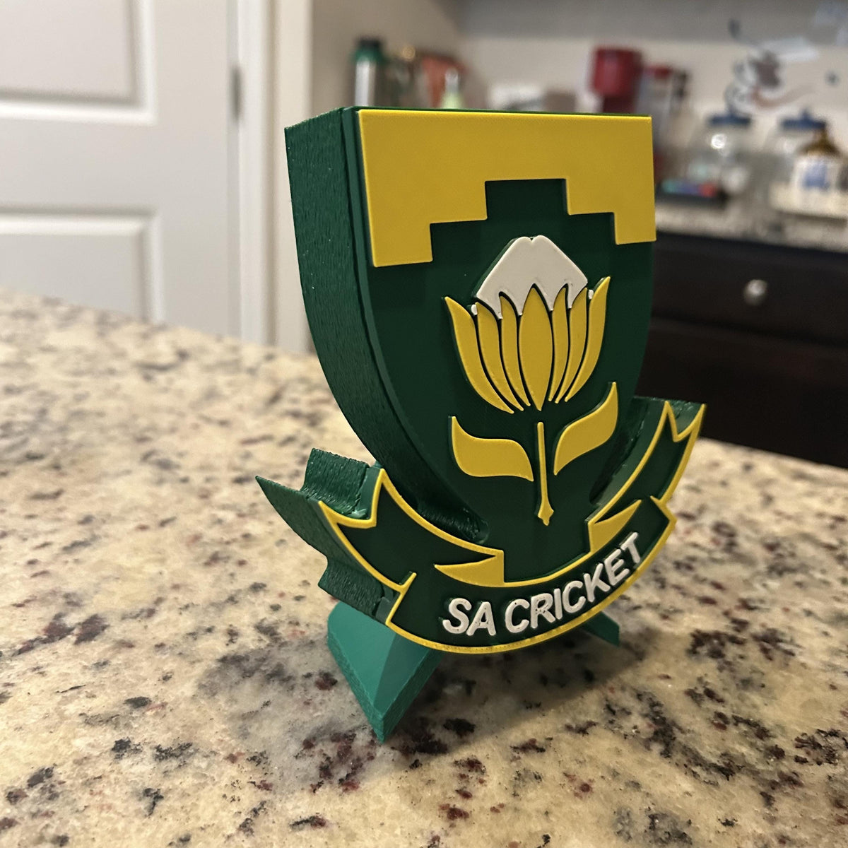 3D Printed South Africa Cricket Crest Display with Stand — also a desk decor; 3D printed fan gift, made in USA