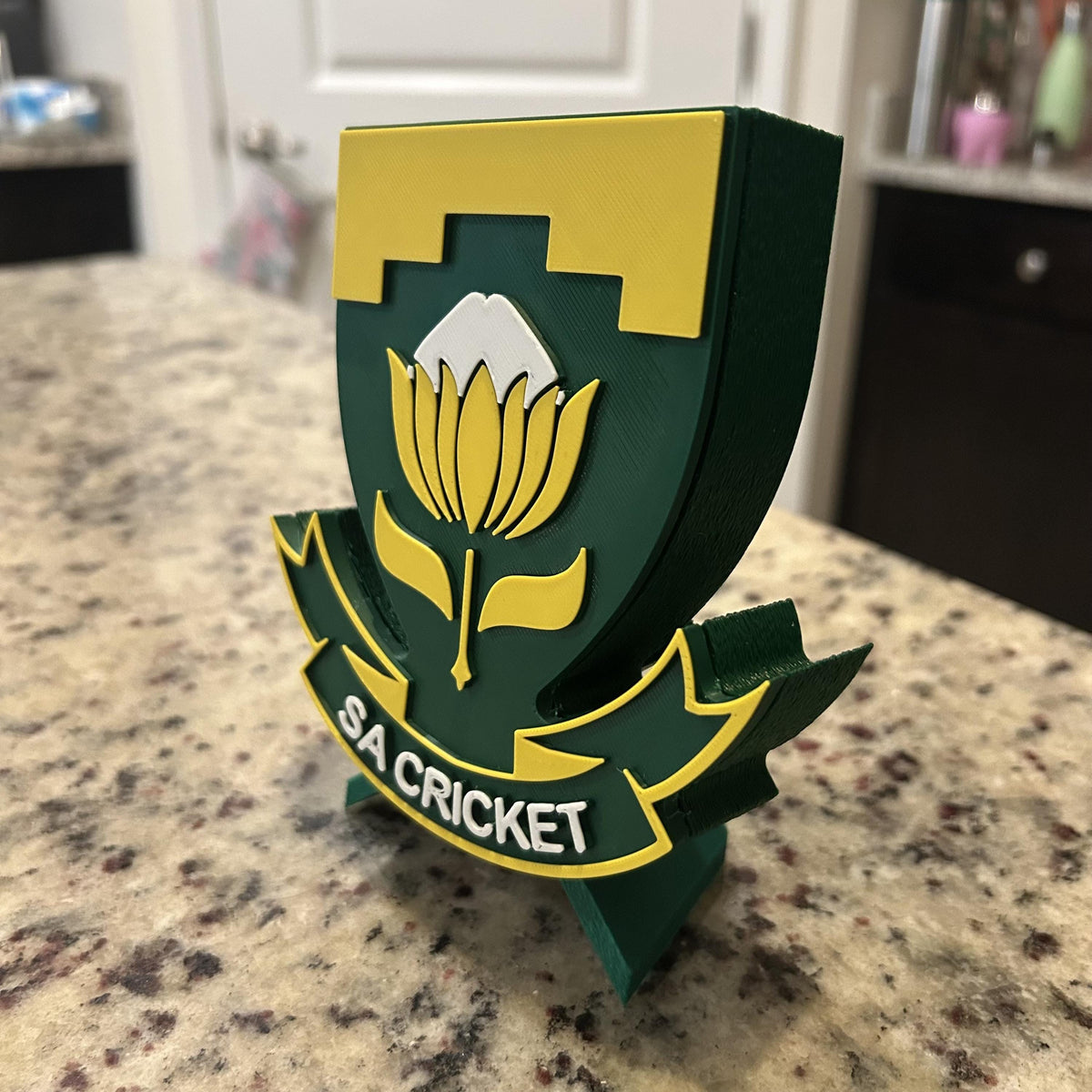 3D Printed South Africa Cricket Crest Display with Stand — also a desk decor; 3D printed fan gift, made in USA