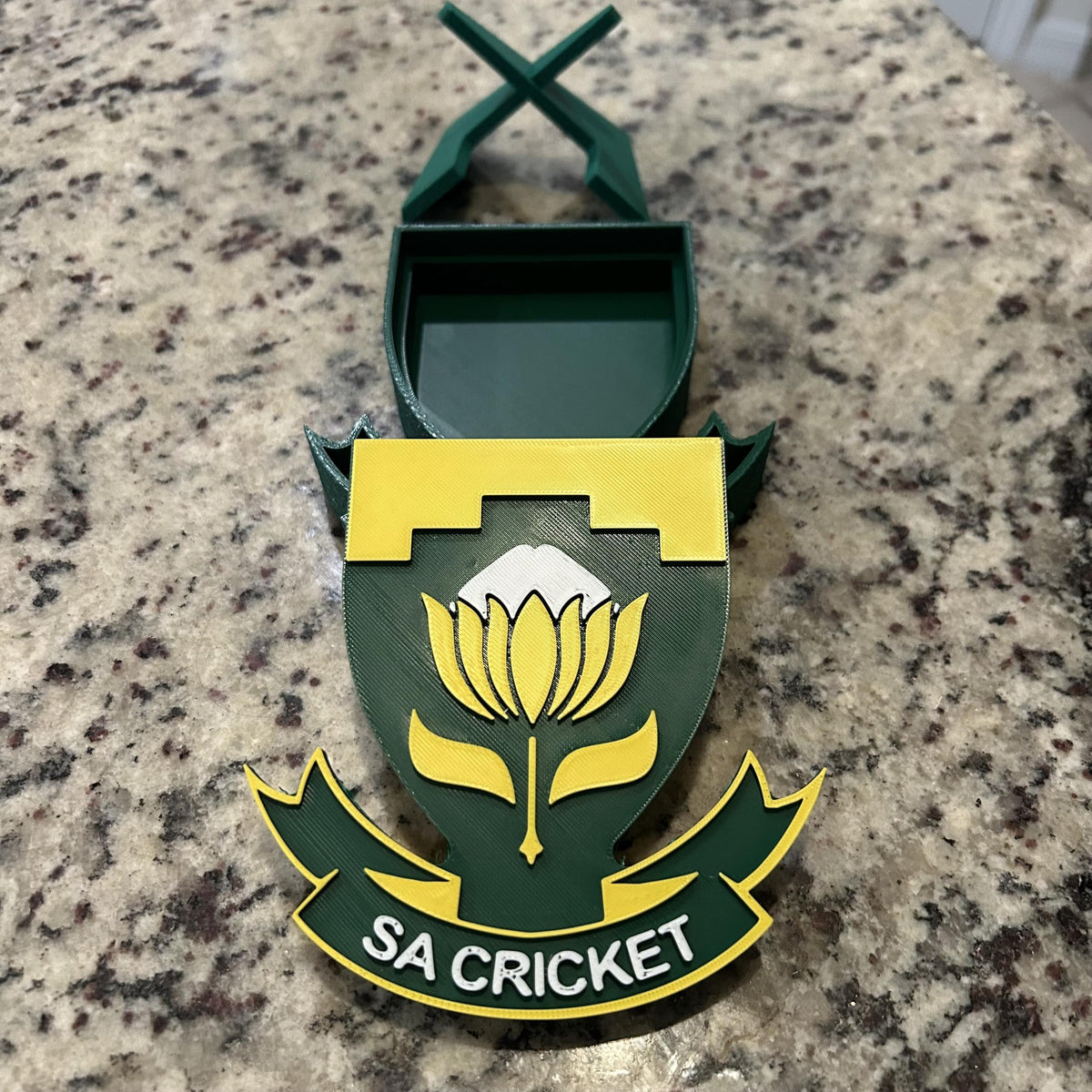 3D Printed South Africa Cricket Crest Display with Stand — also a desk decor; 3D printed fan gift, made in USA