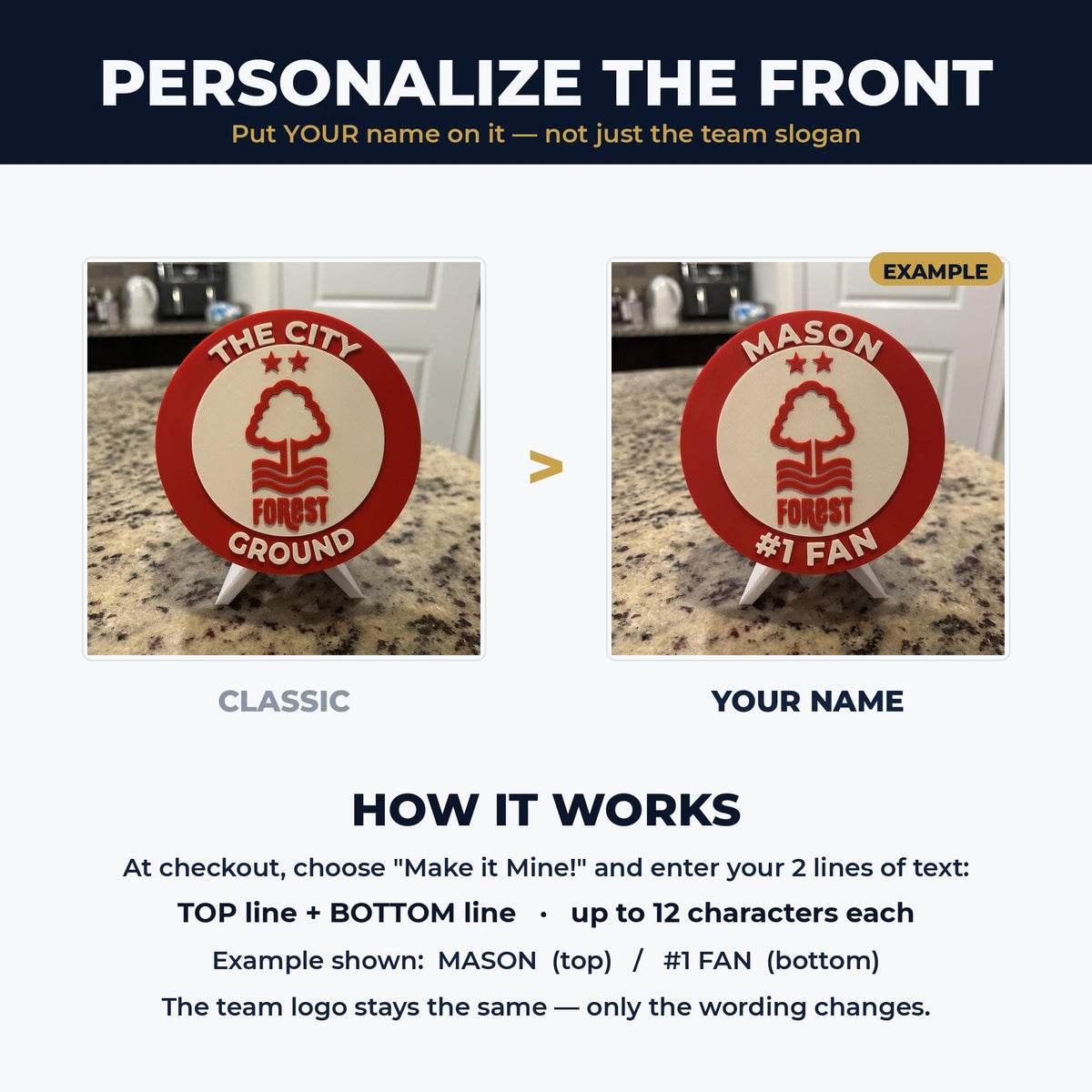 Nottingham Forest personalized roundel — custom name and #1 Fan arc text example, 3D printed fan display with stand, made in USA