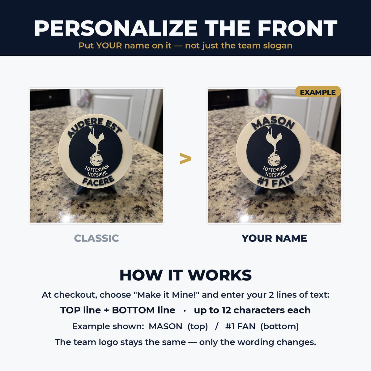 Tottenham Hotspur personalized roundel — custom name and #1 Fan arc text example, 3D printed fan display with stand, made in USA