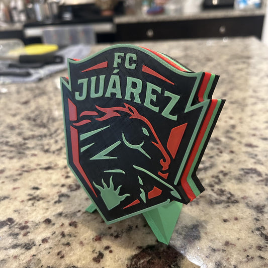 FC Juarez 3D Printed Crest Display with Stand; 3D printed fan gift, made in USA