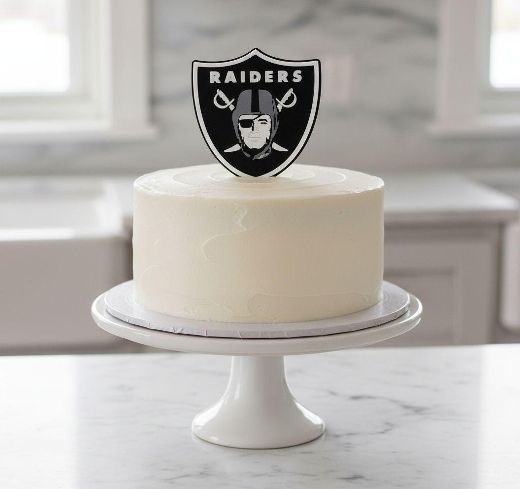 Las Vegas Raiders 3D printed cake topper and cupcake toppers, food-grade PETG shield, NFL football birthday party decor, made in USA