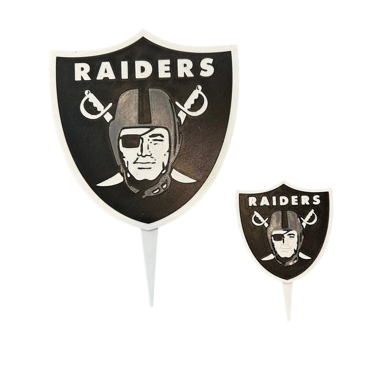 Las Vegas Raiders 3D printed cake topper and cupcake toppers, food-grade PETG shield, NFL football birthday party decor, made in USA